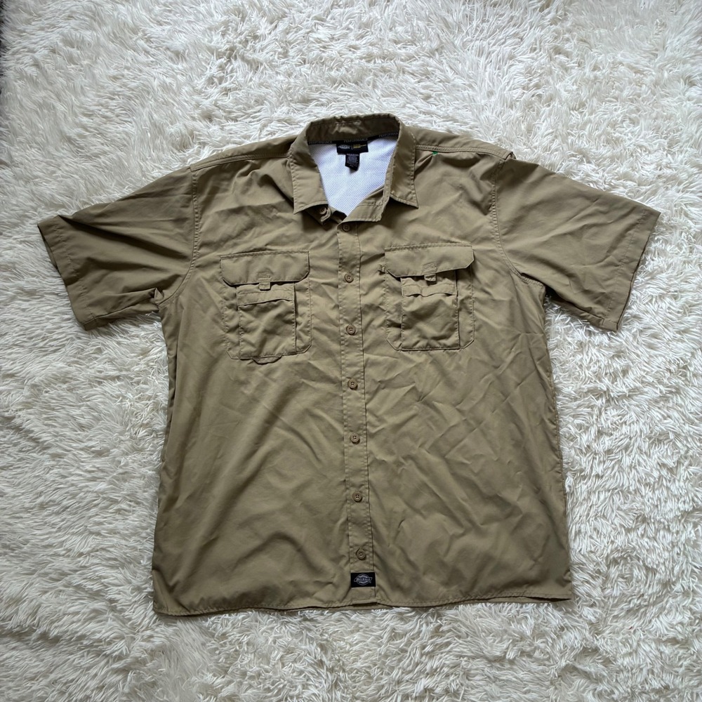 Dickies Performance System 2XL Khaki Short Sleeve Button Down Shirt 100% Nyon